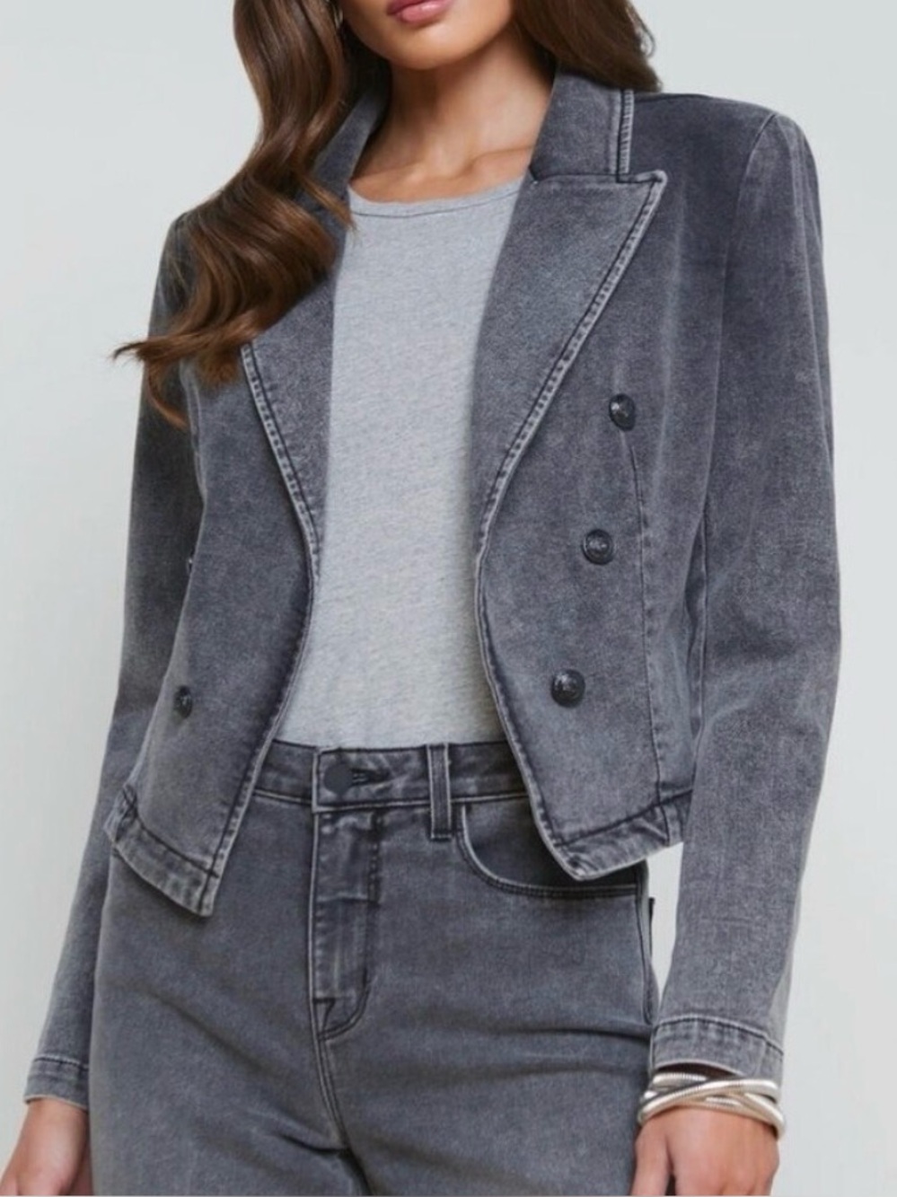 L’AGENCE WAYNE CROP DOUBLE BREASTED GRAY ACID WASH BLAZER JACKET WOMENS Sz XL